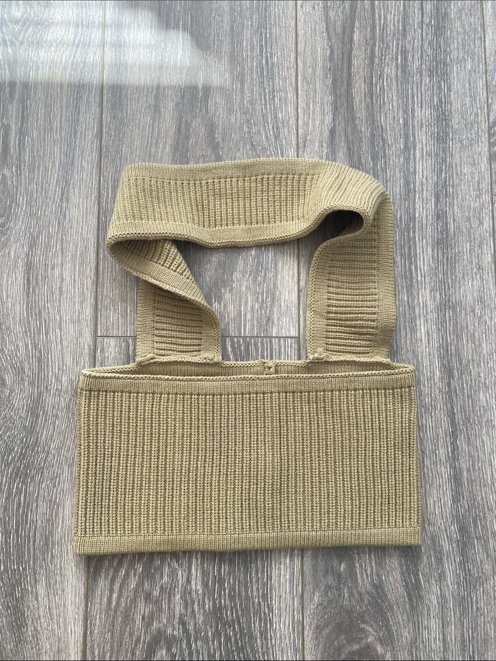Sage Khaki Green Ribbed Knit Bandeau Top with Neck Strap - Size S